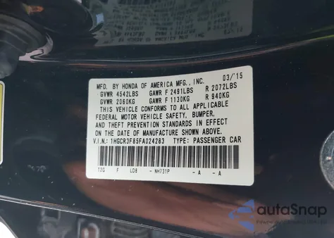 2015 Honda Accord Ex-L V-6 from USA, damaged, VIN 1HGCR3F85FA024283